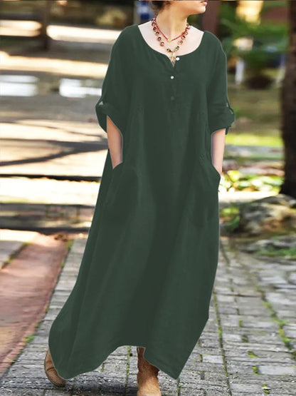 Women's Casual Maxi Dress with Pockets and Buttons