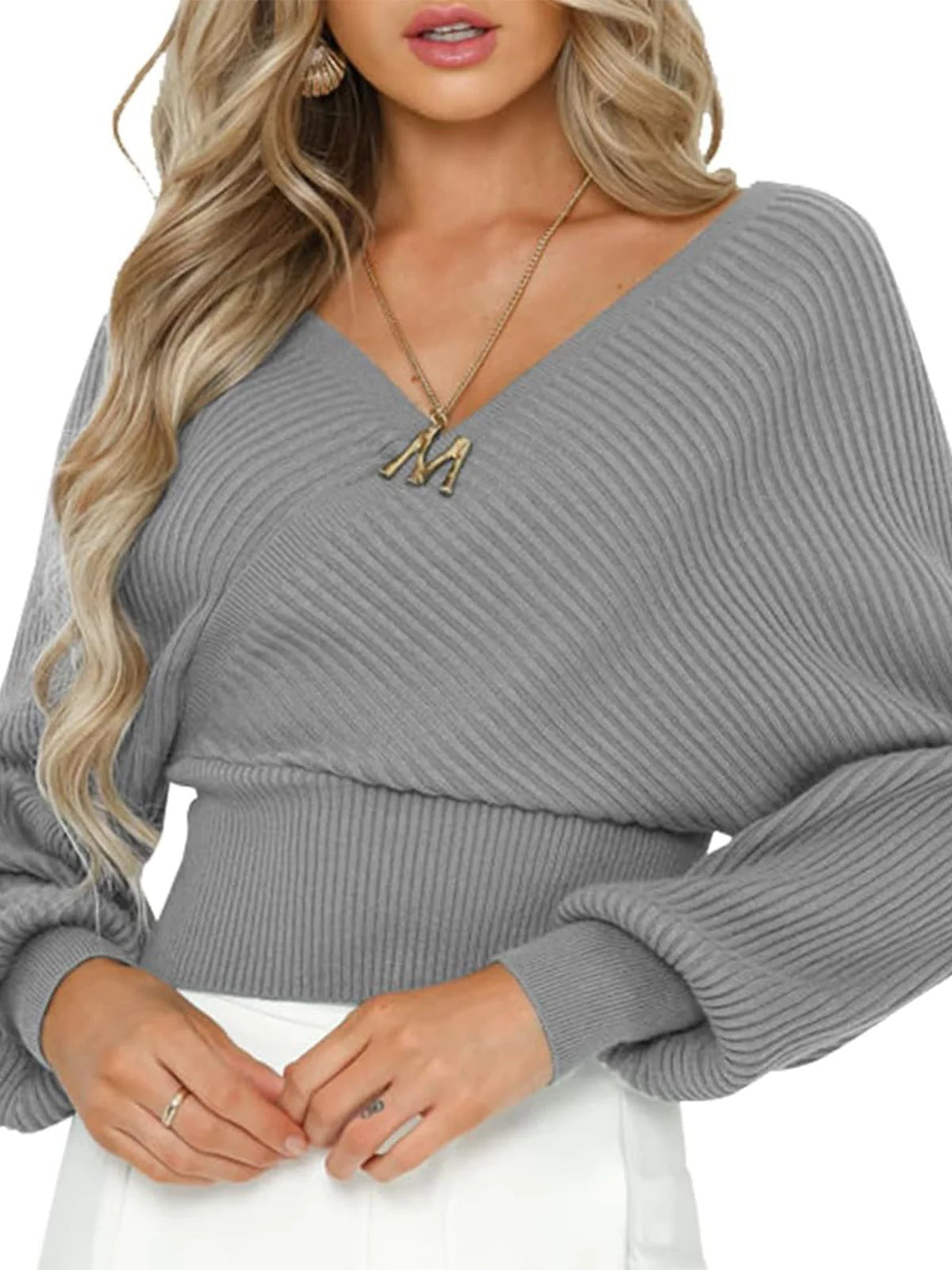 Damen Pullover Lässig V-Ausschnitt Breite Ärmel - IdealeKleiden