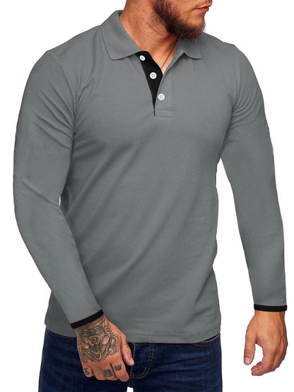 Men's Long-Sleeve Polo Shirt Modern Contrast Buttons