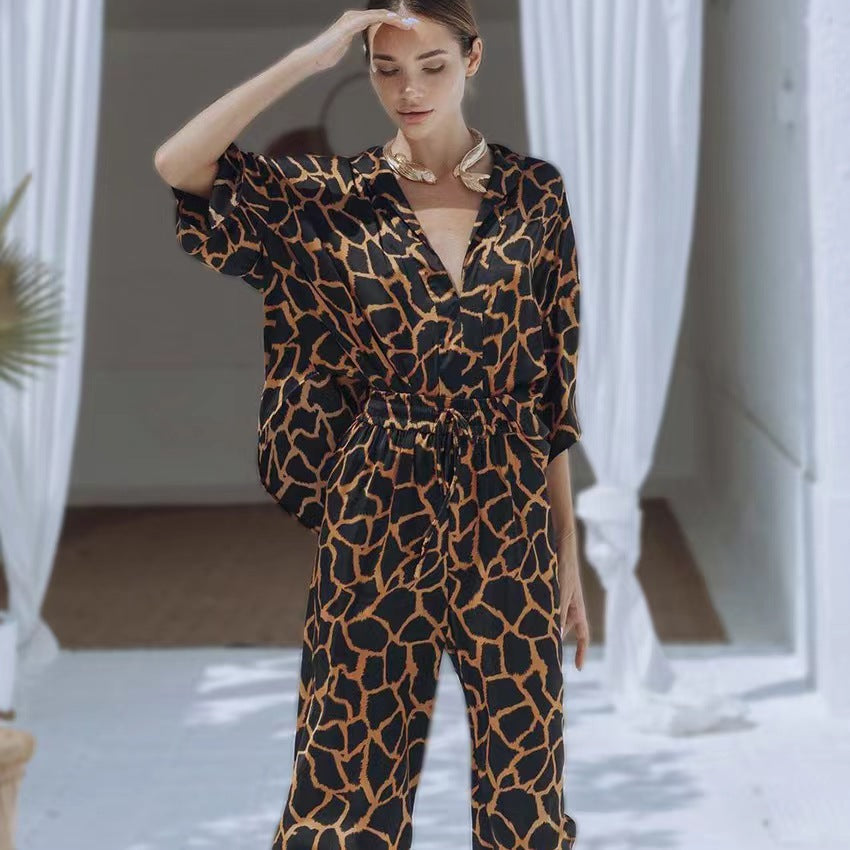 Women's Elegant Giraffe Print Wide Leg Jumpsuit