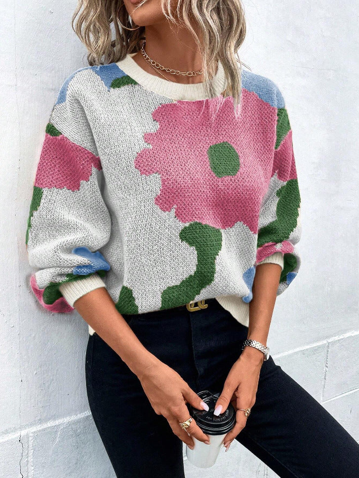 Patterned Knitted Sweater Loose Fit Round Neck