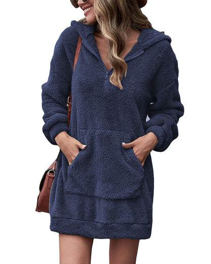 Women's Fleece Dress Hood Pockets Soft Winter Dress