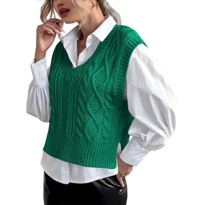Damen Strickweste V-Ausschnitt Zopfmuster Elegantes Design - IdealeKleiden