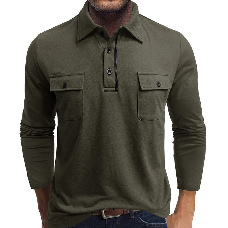 Men's Cotton Long-Sleeved Polo Shirt with Flap Pockets