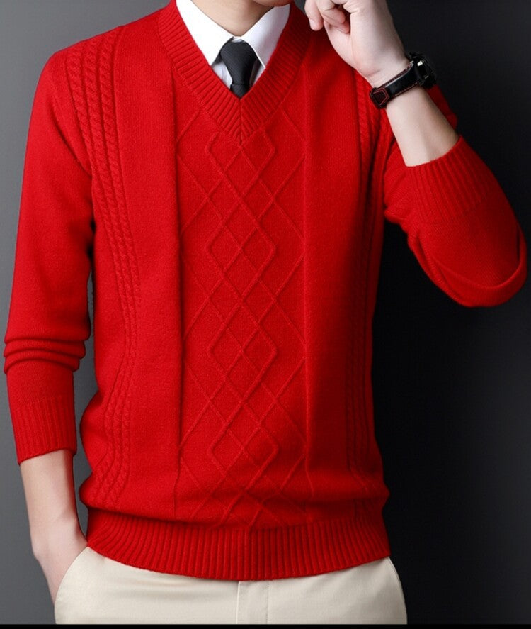 Men's V-Neck Sweater Modern Cable Knit Design
