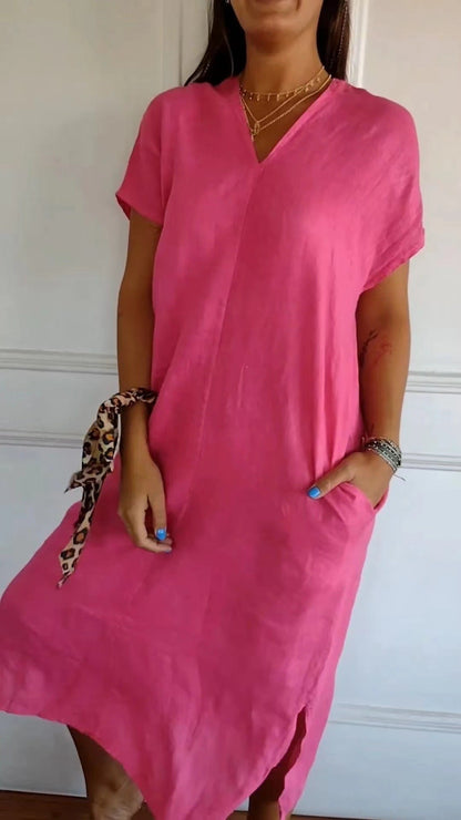 Women's Summer Dress Viscose Linen Elegant V-Neck