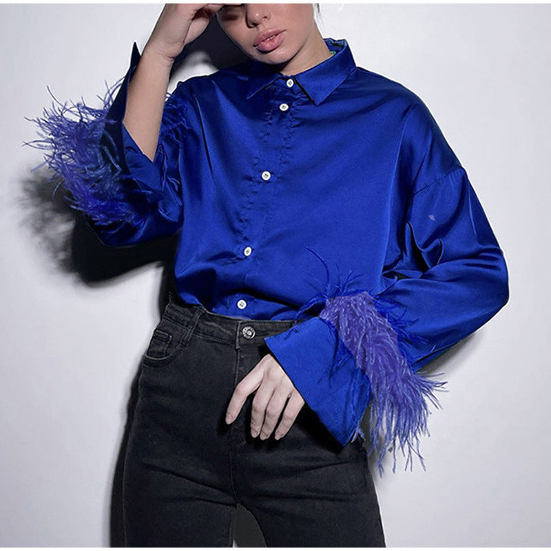 Women's Blouse Elegant Feather Neckline Satin