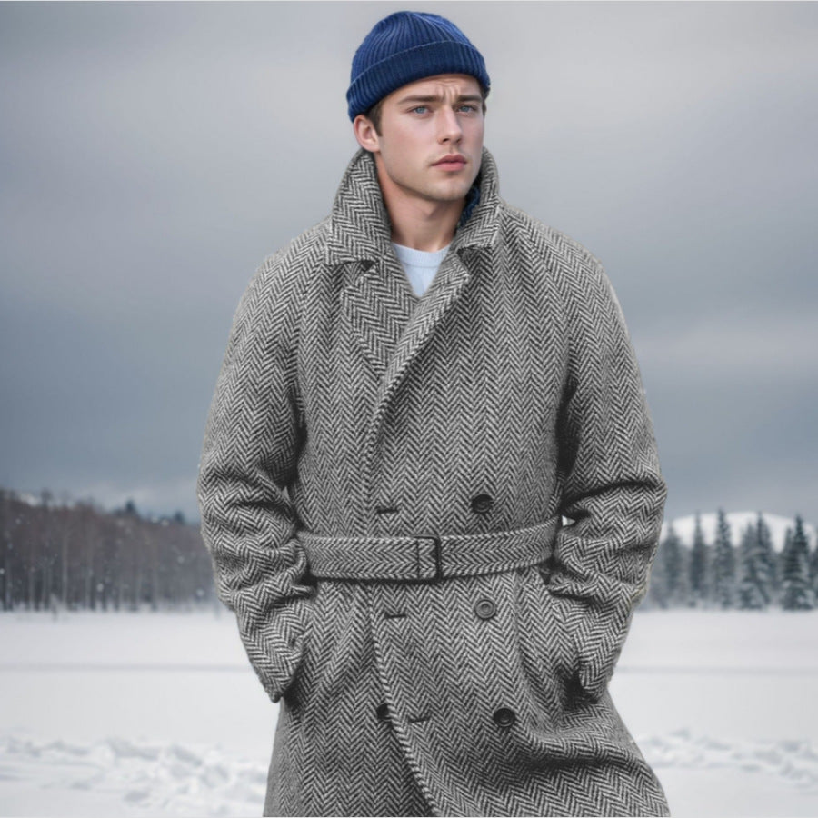 Herren Wollmantel Fischgrat Muster Elegant Schwarz - IdealeKleiden