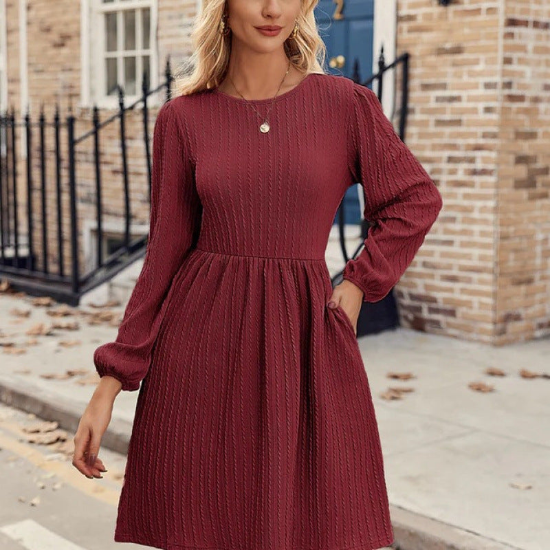 Women's A-Line Dress with Puff Sleeves Elegant Ribbed Knit Design