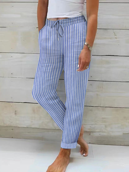 Women's Comfortable Cotton Trousers Striped Pattern Flexible Waistband
