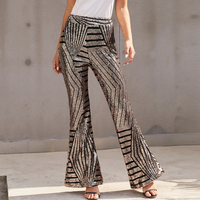 Glittering Party Trousers Flared Sequin Design