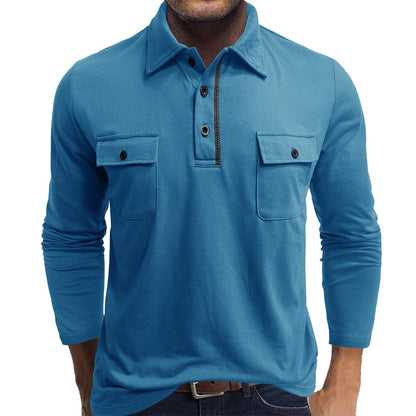 Men's Cotton Long-Sleeved Polo Shirt with Flap Pockets