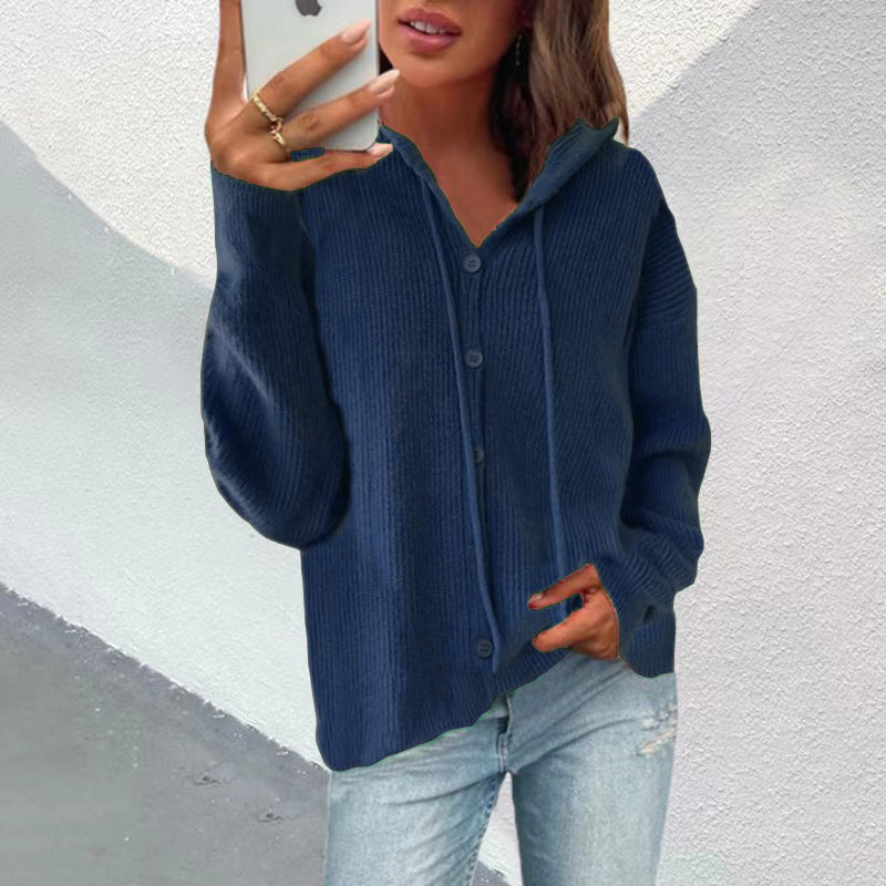 Women's Cardigan Hood Button Placket Elegant Outerwear