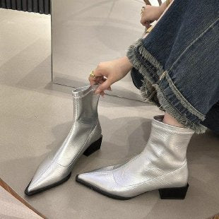 Damen Stiefeletten Elegante Spitze Blockabsatz Schuhe - IdealeKleiden
