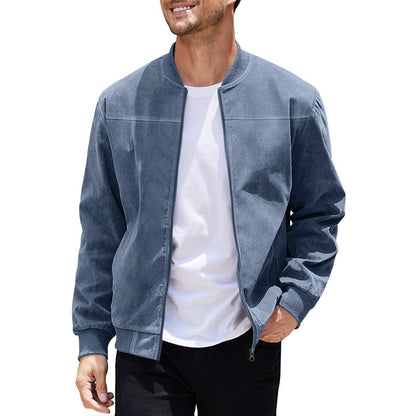 Leather coat bomber jacket suede look high collar elastic