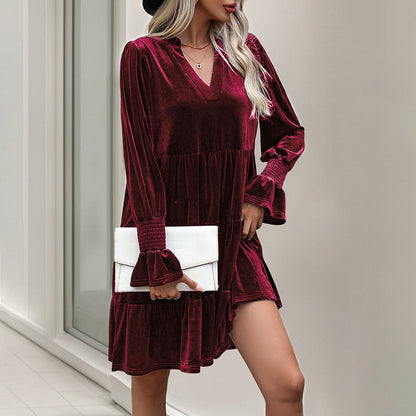 Women's Velvet Dress Elegant Ruffle Design V-Neck