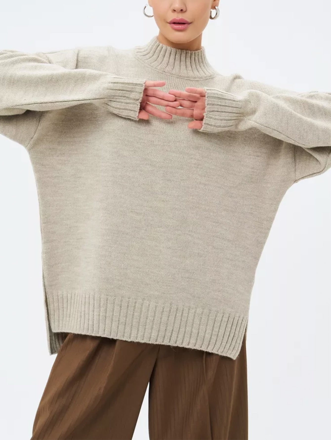 Oversized Ribbed Semi-High Collar Sweater