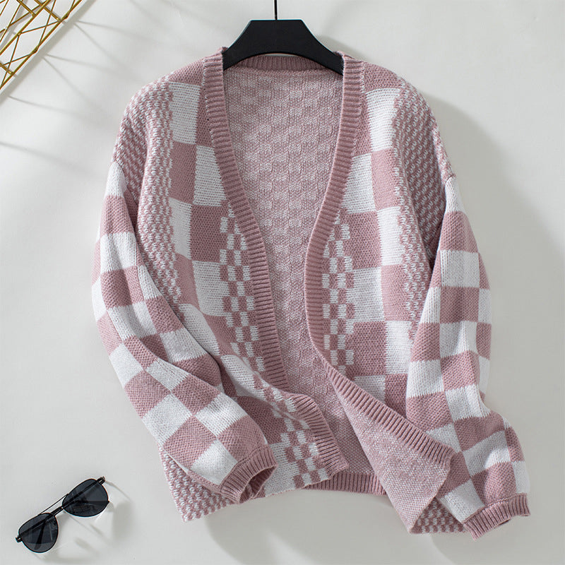 Women's Autumn Knitted Check Cardigan