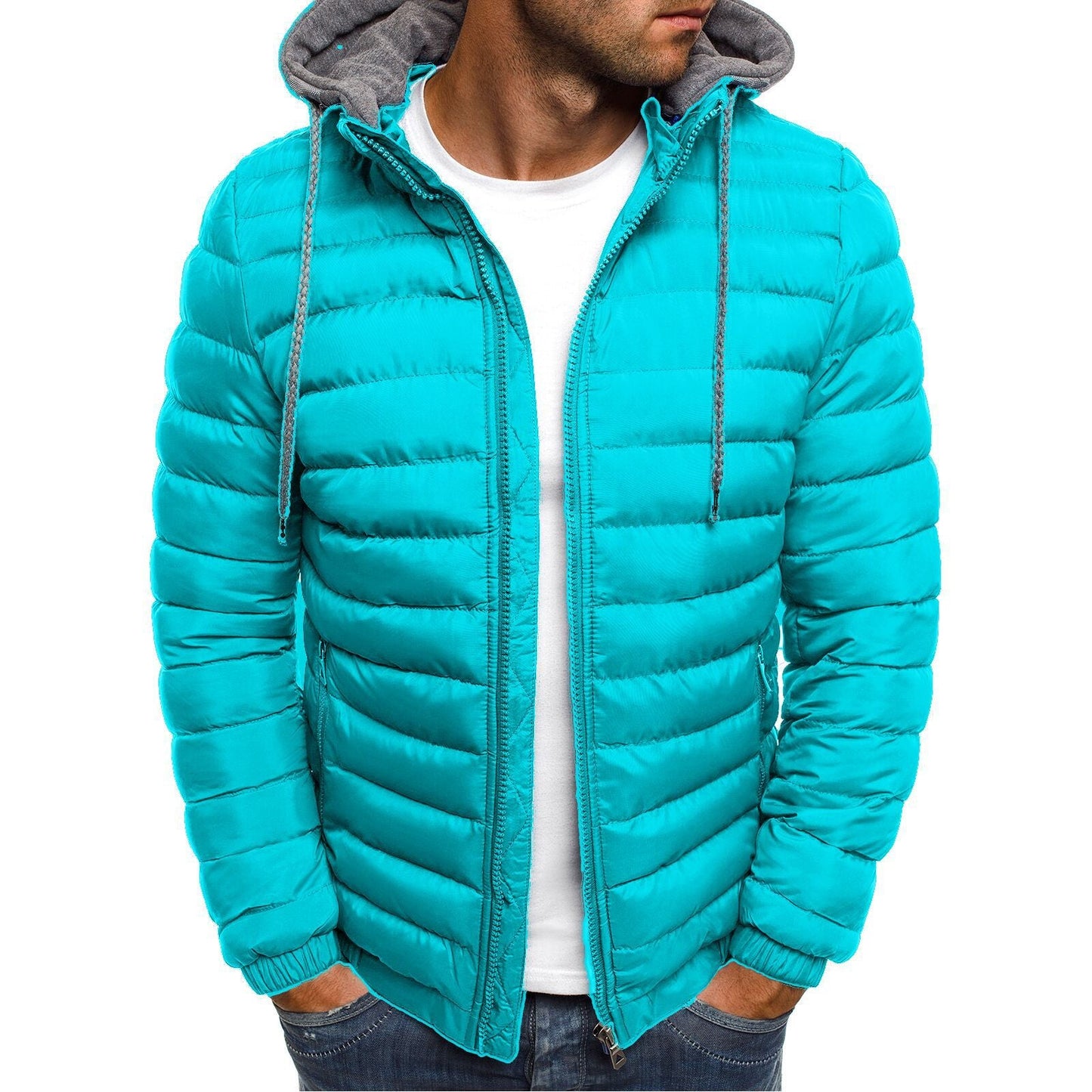 Men's Quilted Jacket Lightweight Hooded High Collar Outdoor