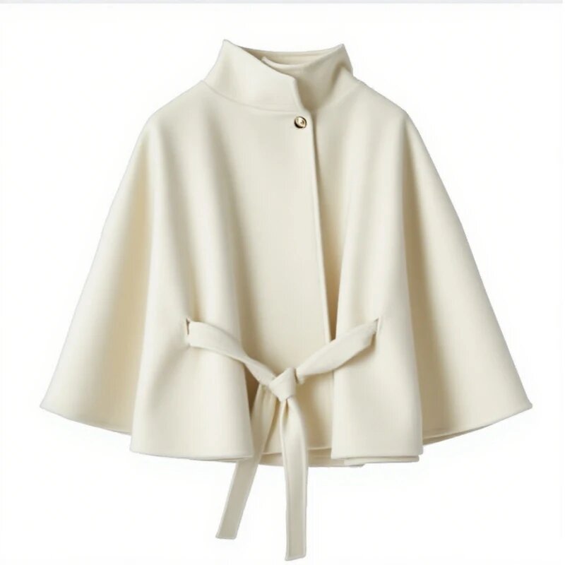 Women's Cape Jacket Elegant Tie Belt High Neck
