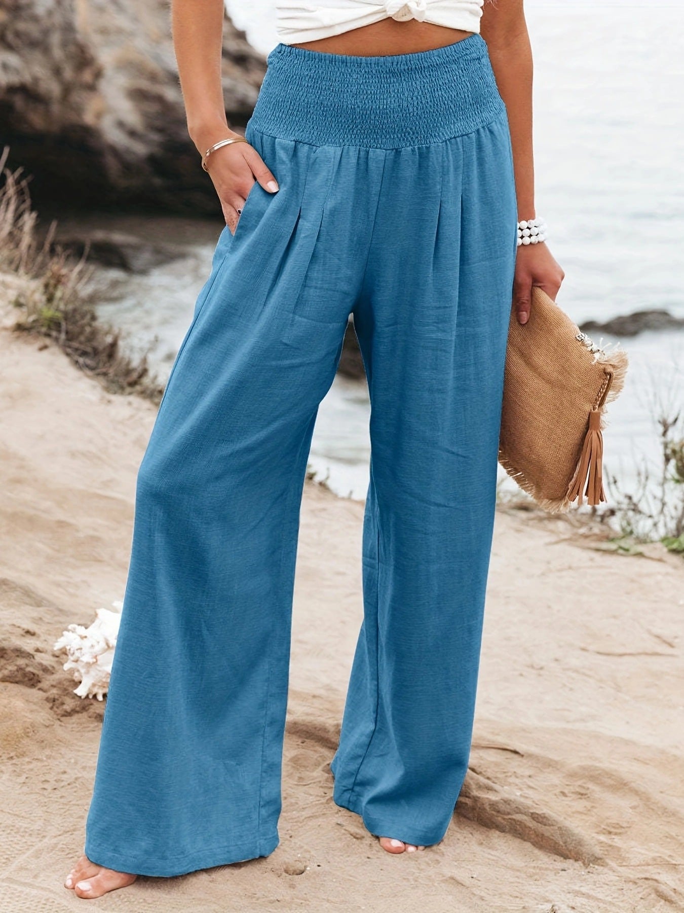 Women's Linen Trousers Wide Comfortable Pleated Skirt Effect