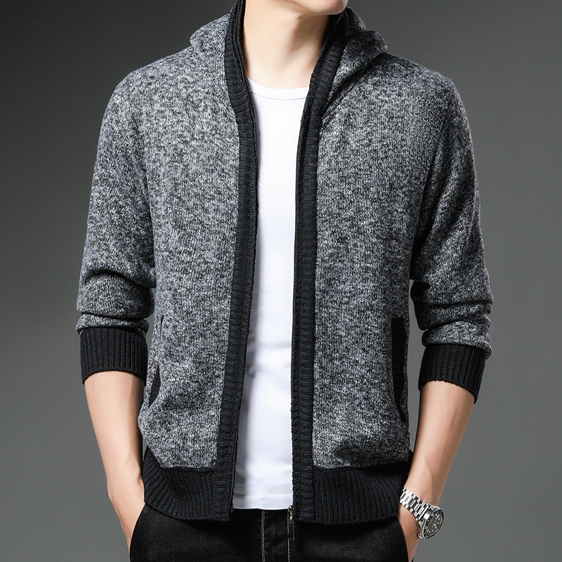 Men's Knitted Cardigan Modern Hood Black White