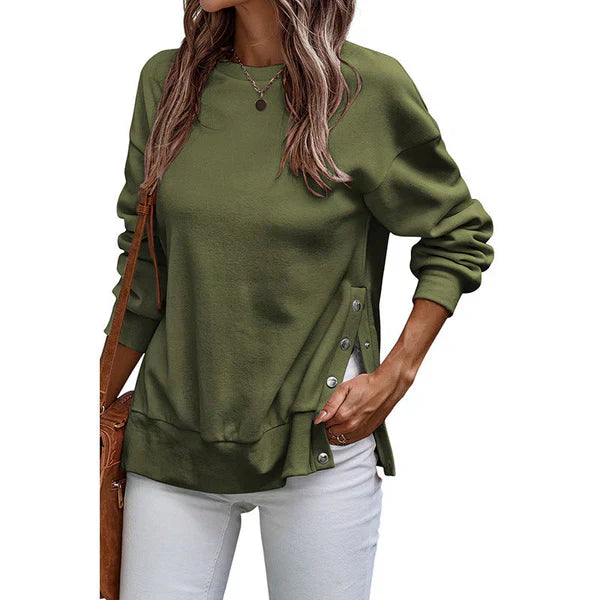 Loose Women's Sweatshirt with Side Slits and Buttons