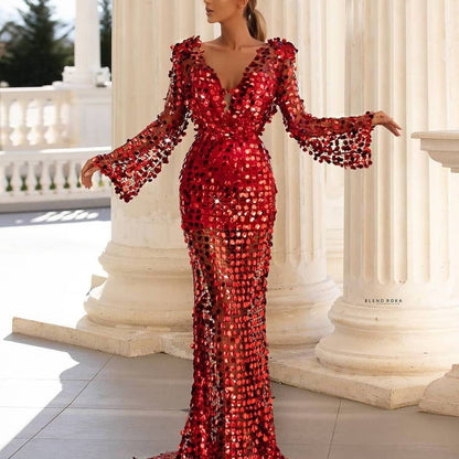 Women's Evening Dress Glamour Sequins Sleeves Lace