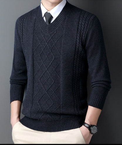 Men's V-Neck Sweater Modern Cable Knit Design
