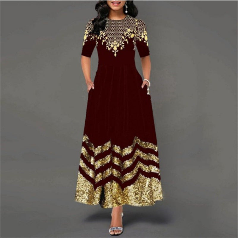 Women's Maxi Dress Elegant Gold Pattern Summer Dress