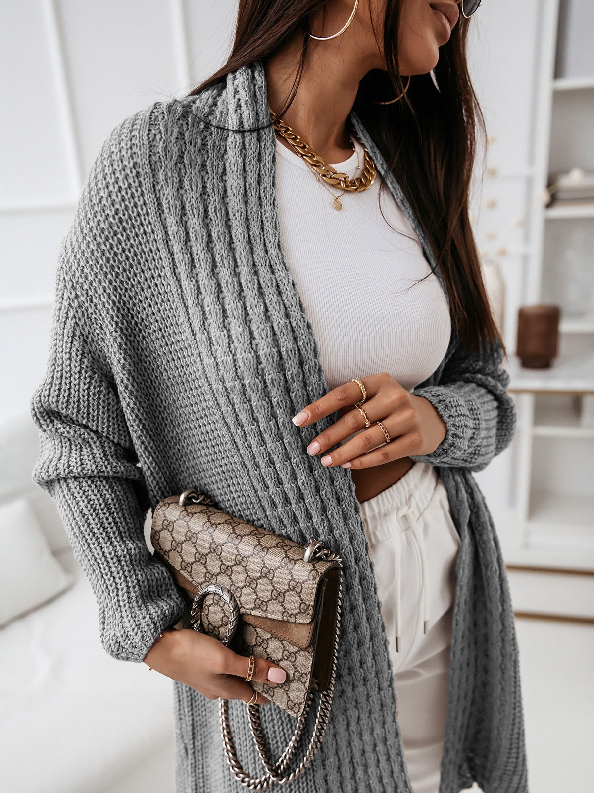 Long-Sleeve Cardigan Woolly Loose Laced