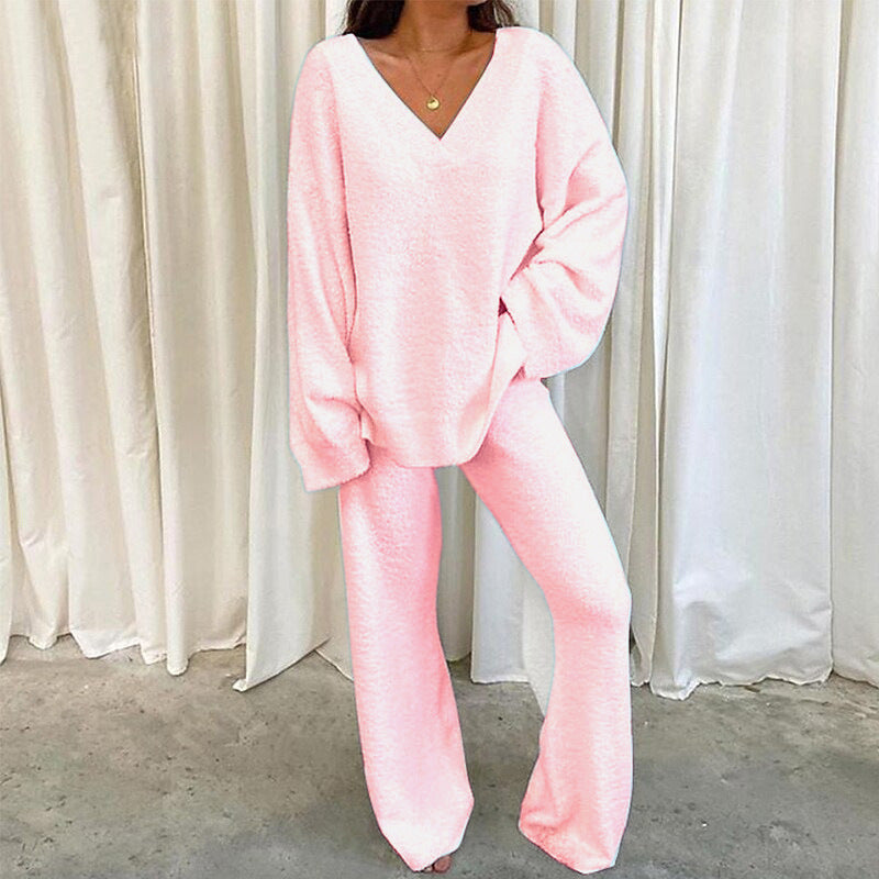 Women's Knitted Suit V-Neck Comfortable Wide Leg