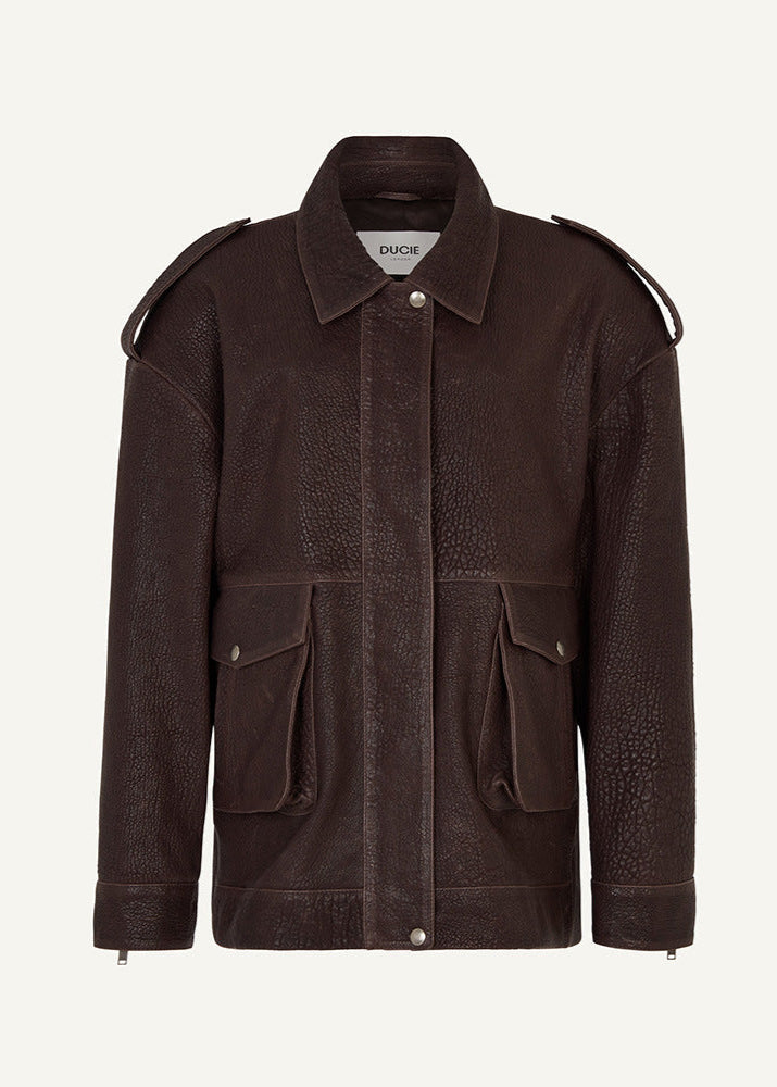 Dark Brown Leather Jacket With Practical Pockets