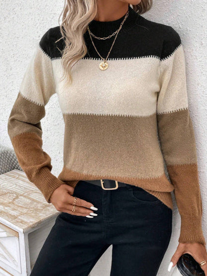 Women's Trendy Block Stripe High Collar Knitted Sweater