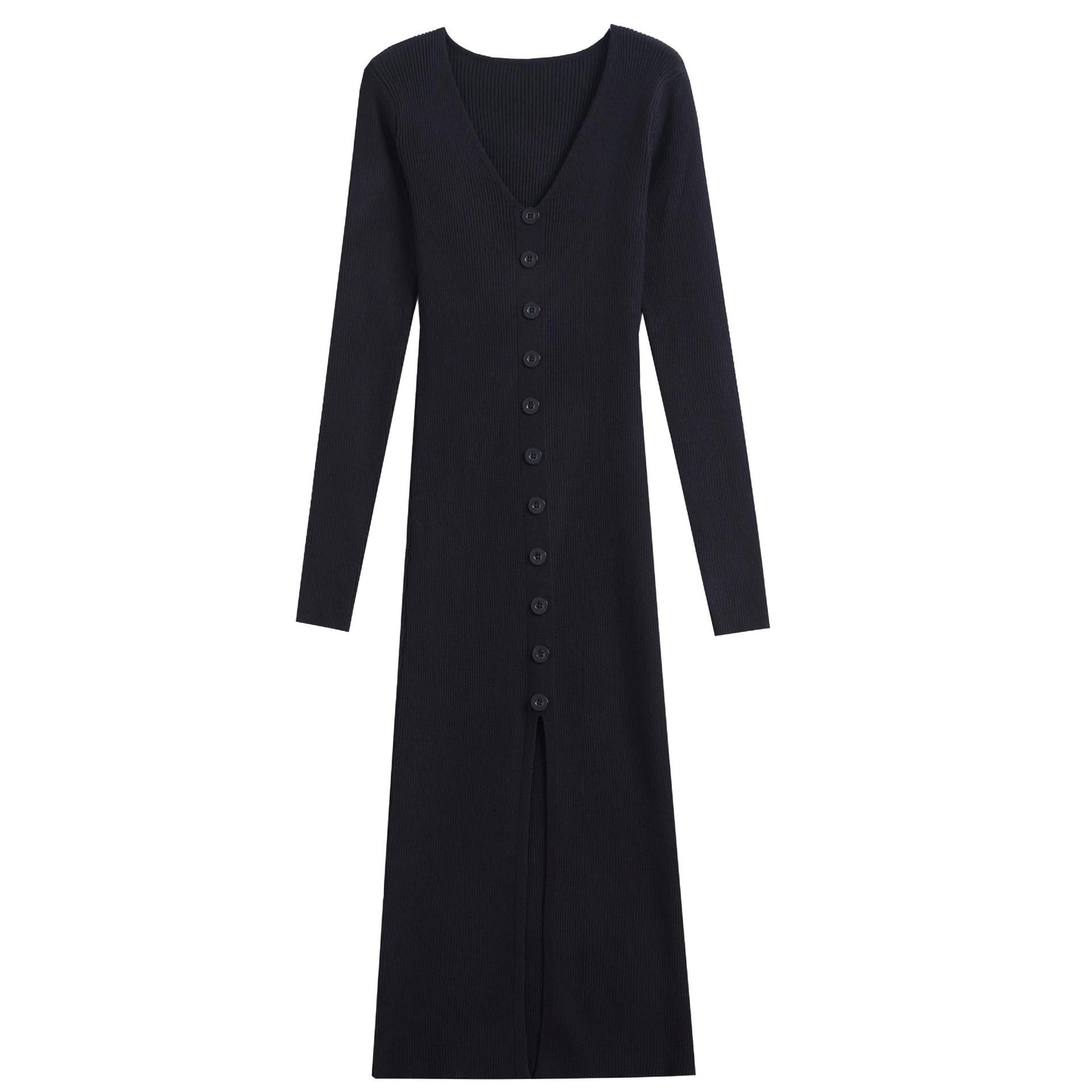Women's Maxi Dress Long Sleeve Ribbed Elegant Button Design