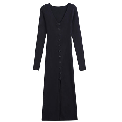 Women's Maxi Dress Long Sleeve Ribbed Elegant Button Design