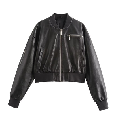 Leder Bomberjacke Damen Trendy Schwarz