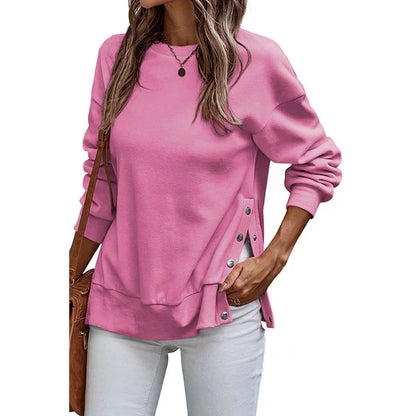 Loose Women's Sweatshirt with Side Slits and Buttons