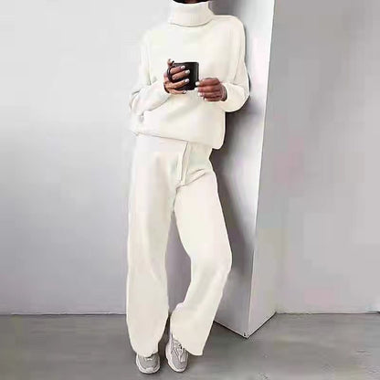 Women's Knitted Lounge Set Wide Leg Trousers Elegant Round Neck