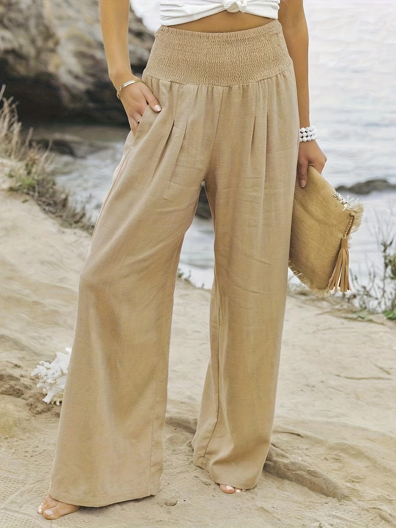 Women's Linen Trousers Wide Comfortable Pleated Skirt Effect