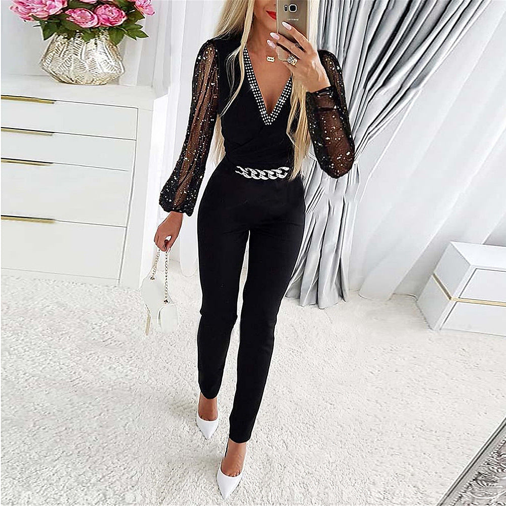 Elegante Jumpsuit V-Ausschnitt Diamantdetails Slim Fit - IdealeKleiden