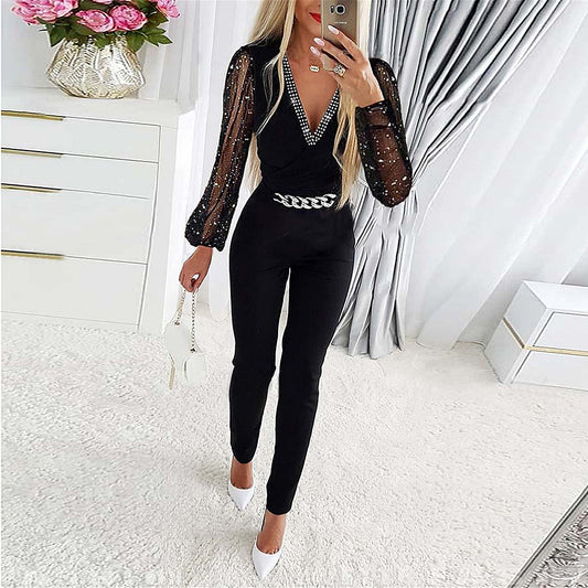 Elegante Jumpsuit V-Ausschnitt Diamantdetails Slim Fit - IdealeKleiden