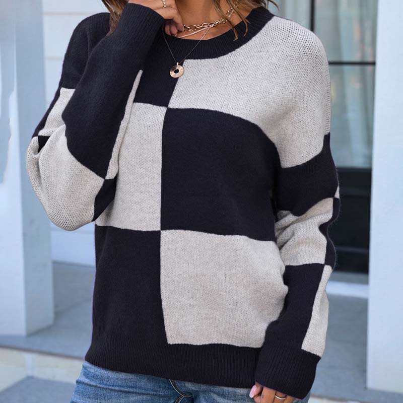 Checked Knitted Jumper for Women, Elegant