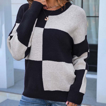 Checked Knitted Jumper for Women, Elegant