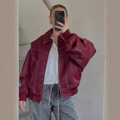 Modische Damen Lederjacke Oversized Schnitt Trendy - IdealeKleiden