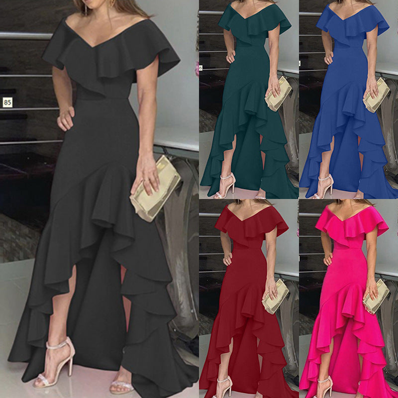 Damen Abendkleid Elegant Rüschen Asymmetrisch - IdealeKleiden