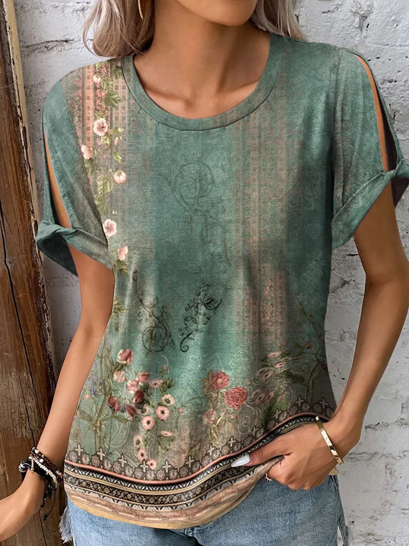 Women's T-Shirt Floral Print Open Sleeves Summer Style