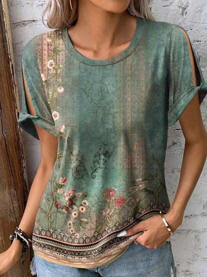 Women's T-Shirt Floral Print Open Sleeves Summer Style