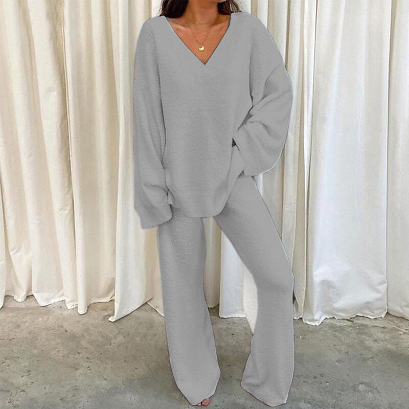Women's Knitted Suit V-Neck Comfortable Wide Leg