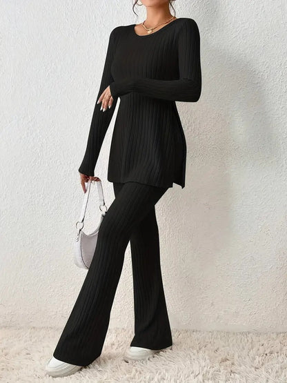 Women's Lounge Set Finely Ribbed Long-Sleeved Comfortable